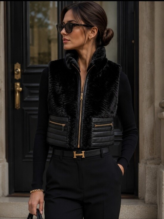 Ci Sono Jackets & Blazers - Ci Sono Black Faux Fur Vest with Quilted Trim and Gold Label